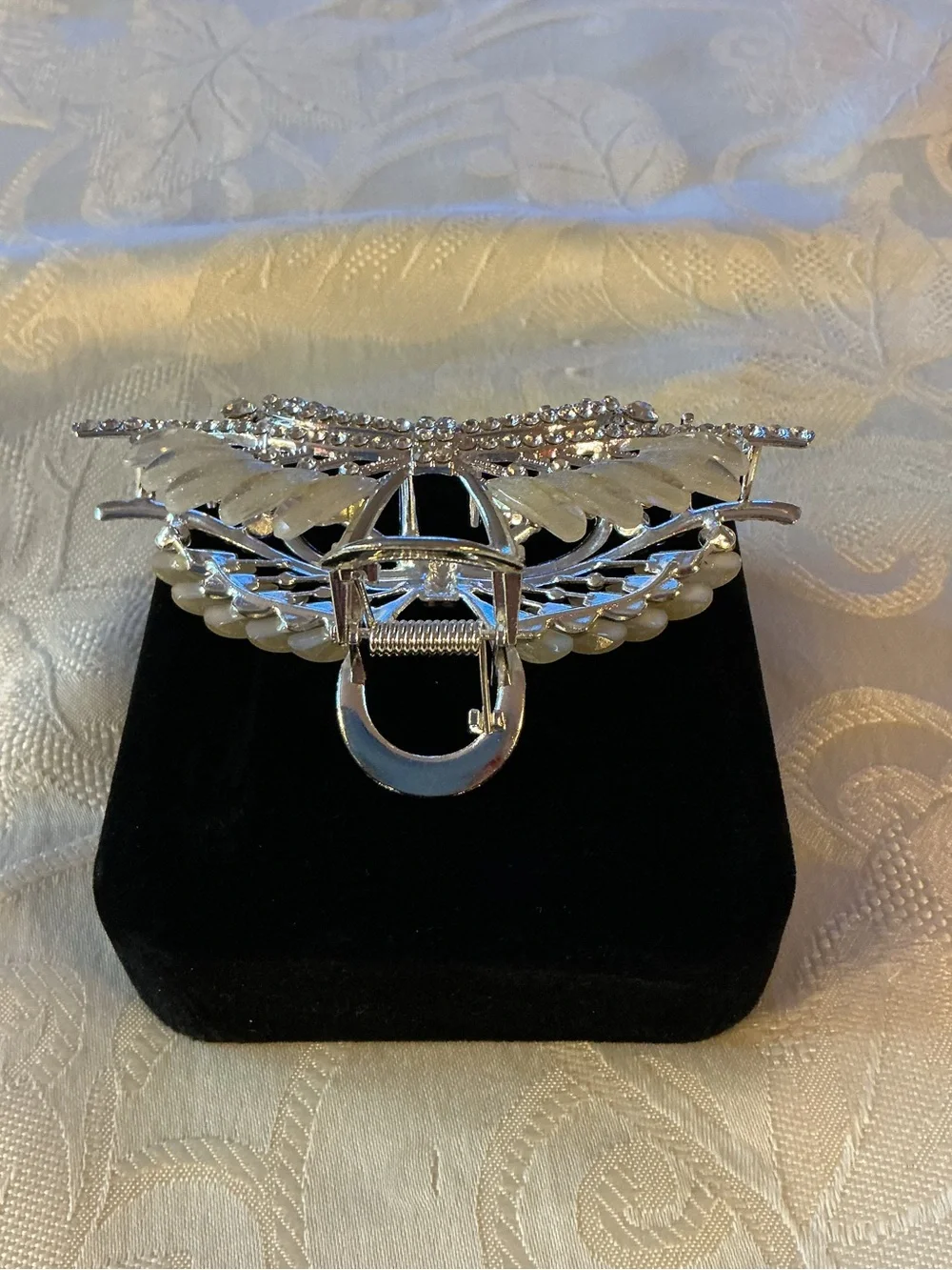 Pearlescent Acrylic and Rhinestone Silver Tone Decorative Claw Clip